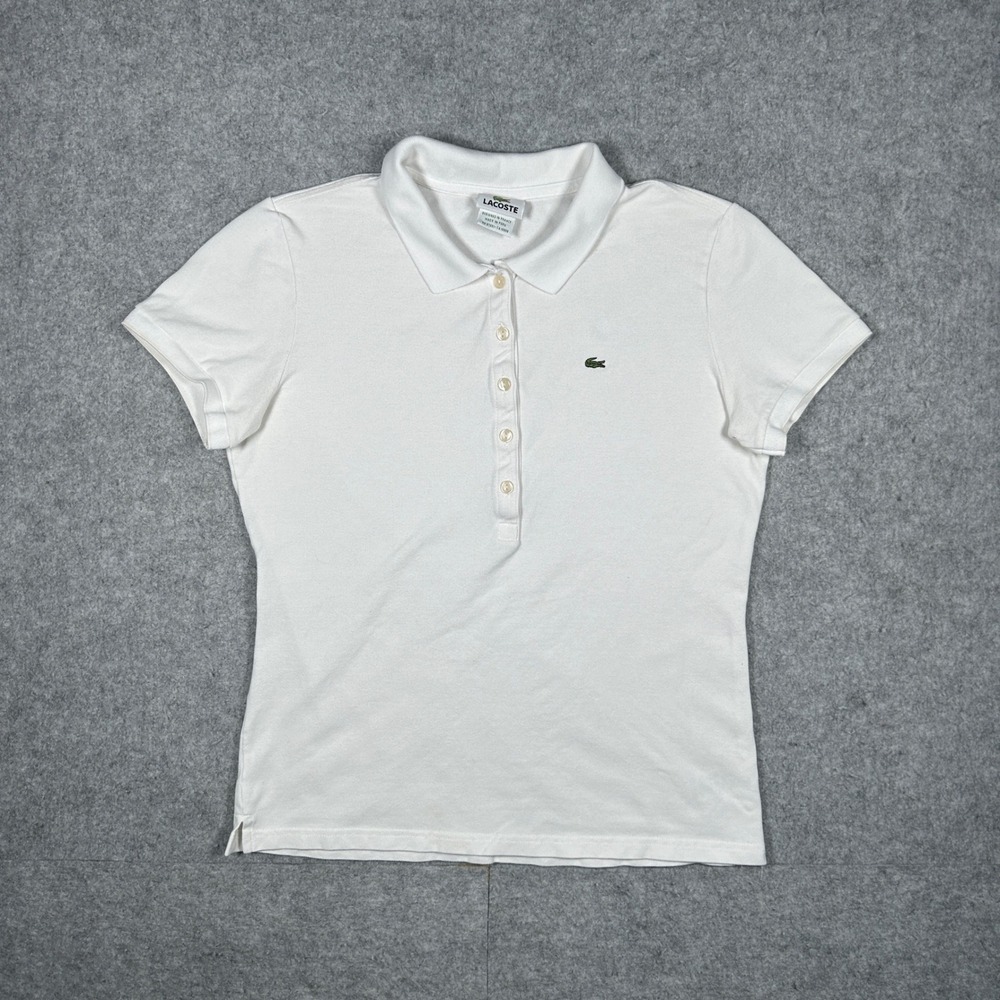 Lacoste Polo Shirt Womens 40 White Stretch Pique Short Sleeve Classic Casual